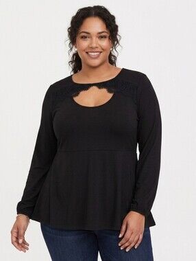 SHEIN Curve Black Long Sleeve Lace Cutout Peplum Top,plus Size 0X